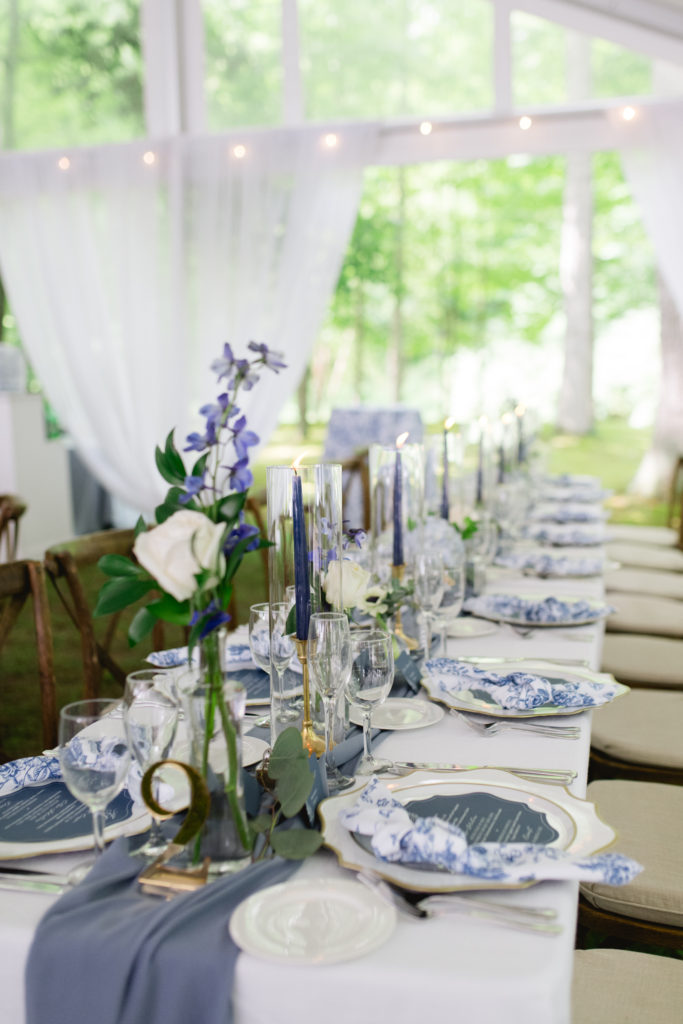 blue and white table at a wedding 